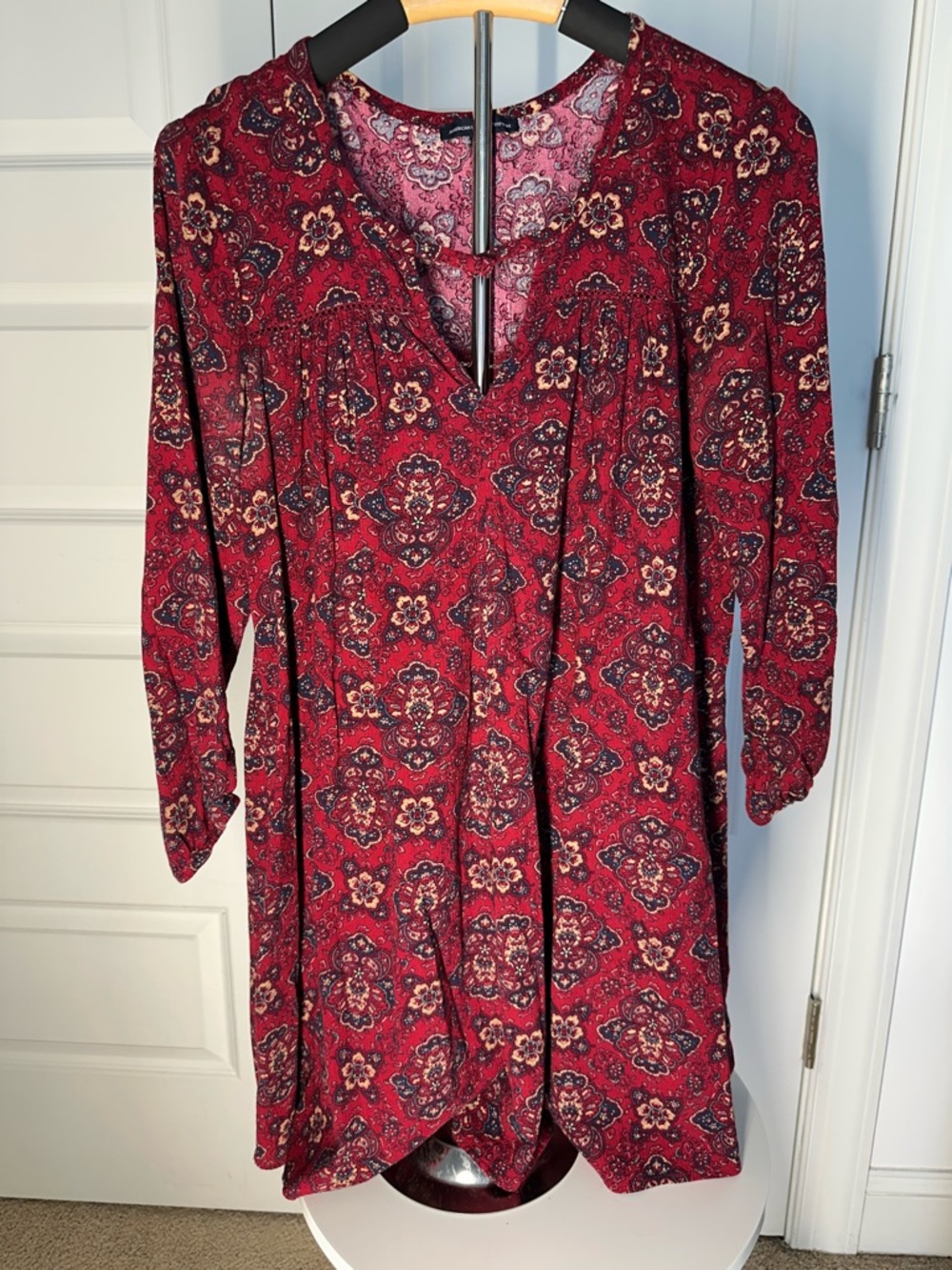 American Eagle Red Paisley Boho Tunic Dress 3/4 Sleeves - Size S